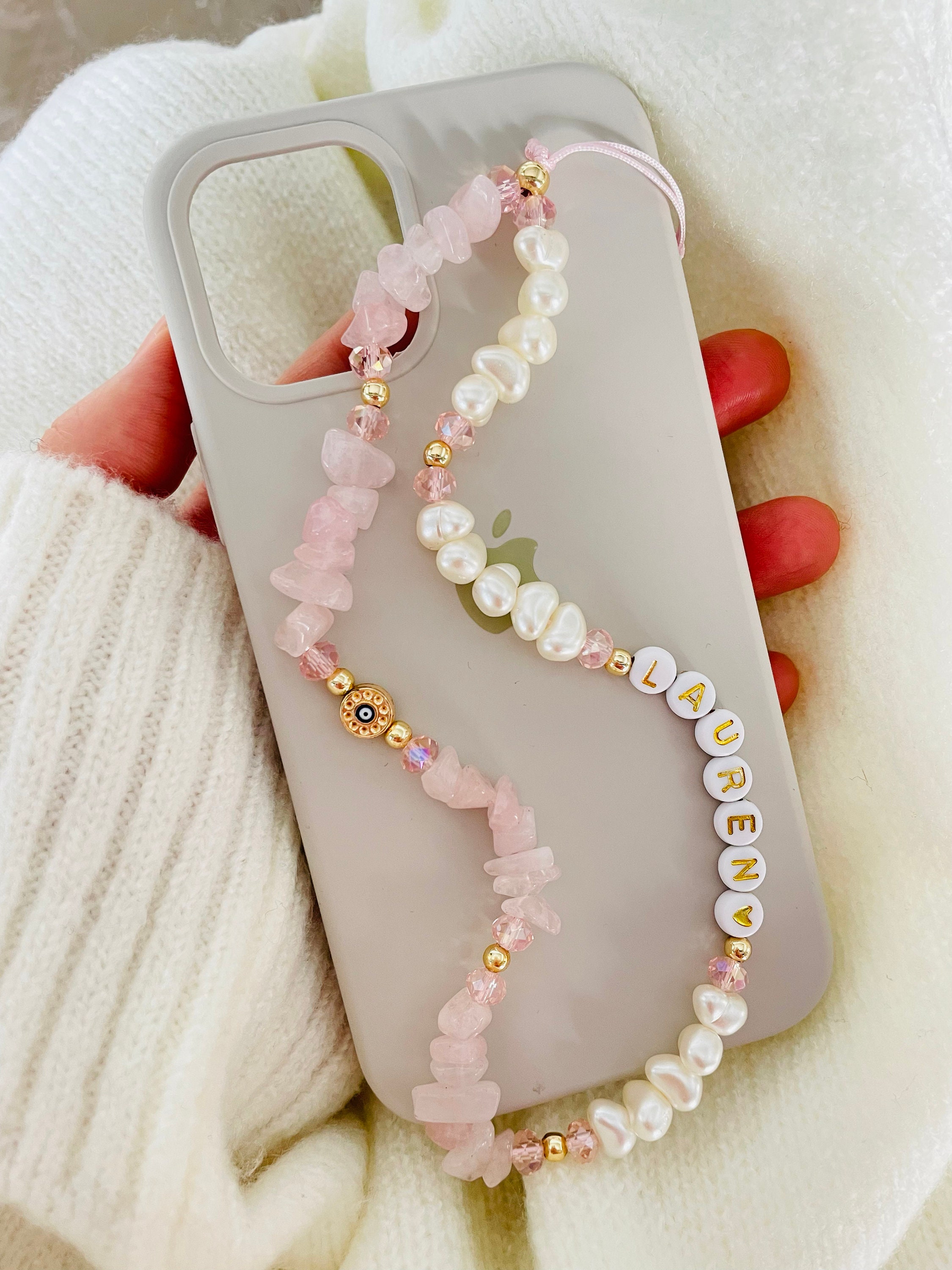 Crystal Phone Charm Rose Quartz Phone Chain White Pink Gemstone Phone Strap  Bead Phone Accessory Bead Key Charm Opalite Phone Case String 