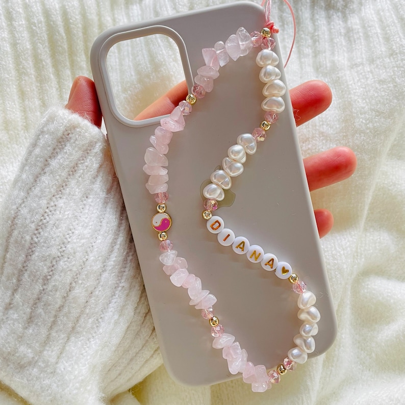 Rose Quartz Gemstone Phone Strap, Healing Crystal Beads Phone Charm, Evil Eye Pearl Personalized Phone Strap Chain, Christmas Gift for Her image 9