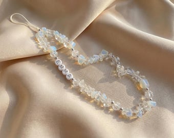 Opalite Phone Charm, Iridescent Beaded Strap, Pearl Aesthetic Wristlet, Cute Dreamy Accessory