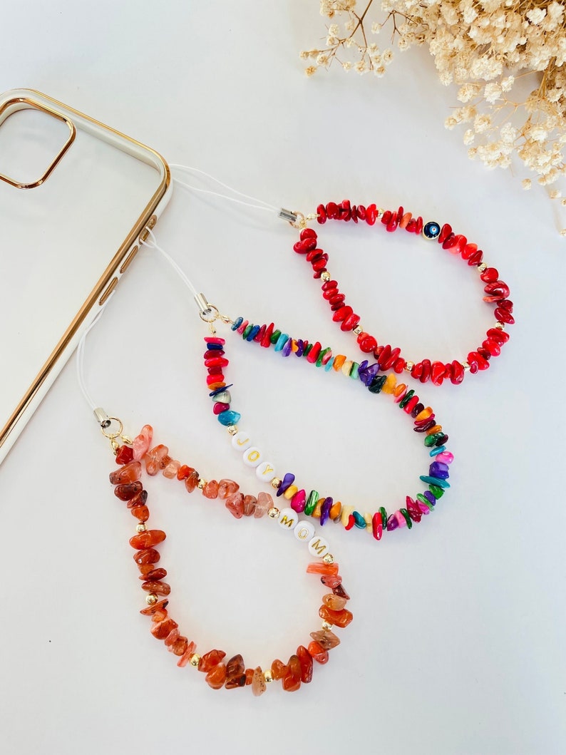 Carnelian Gemstone Healing Crystal Beads Phone Charm Strap, Colored Mother of Pearl, Red Coral Beaded Phone Chain, Phone Lanyard, Phone Loop image 1