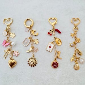 May include: Four gold-toned keychains with various charms. Charms include a heart, butterfly, flowers, sun, moon, cowboy hat, cherries, and seashells. Each keychain has a heart-shaped clasp.