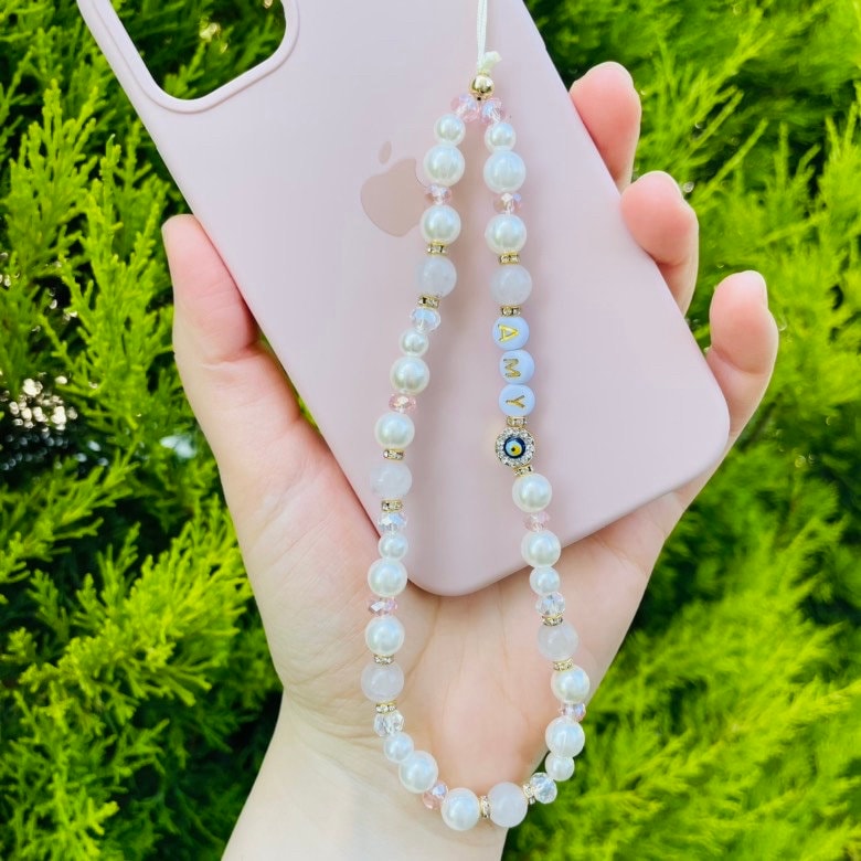 Rose Quartz Gemstone Phone Strap, Healing Crystal Beads Phone Charm, Evil Eye Personalized Phone Strap, Pearl Beaded Phone Chain, Wrist