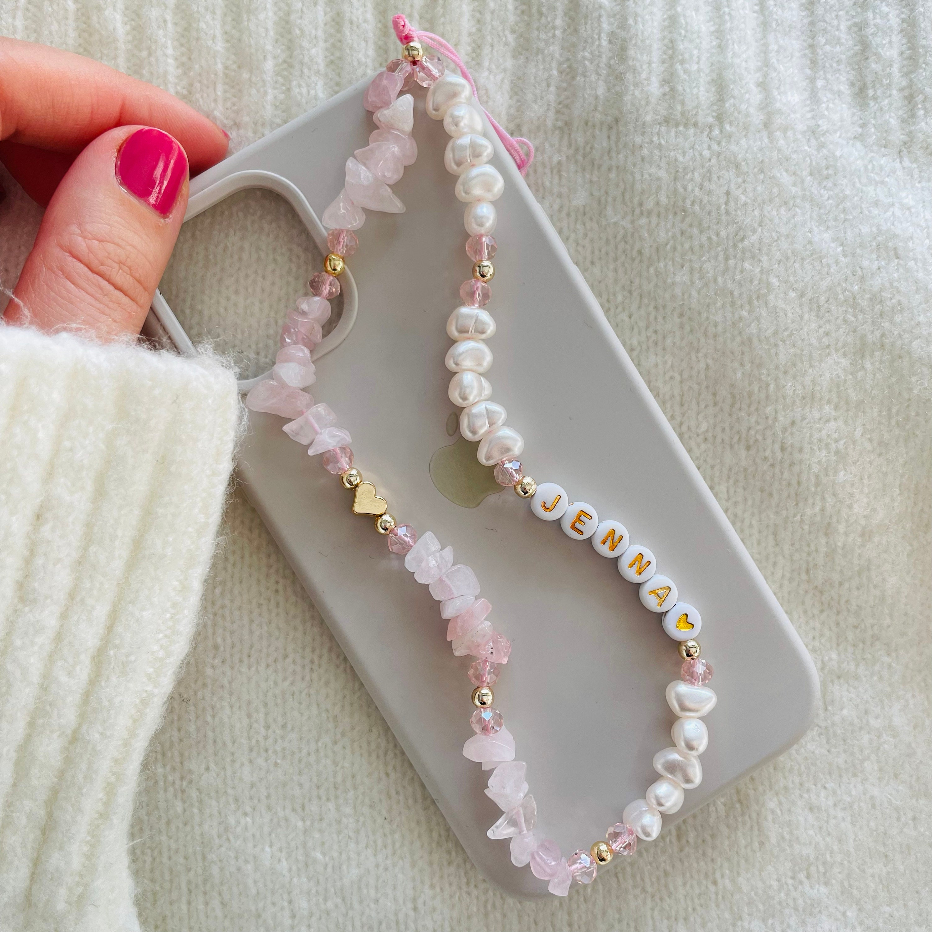 Rose Quartz Gemstone Phone Strap, Healing Crystal Beads Phone