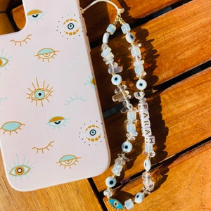 Opalite Gemstone Phone Charm, Healing Crystal Phone Chain, Evil Eye Beaded Phone Strap, Ipod Case Lanyard, Personalized Phone Strap