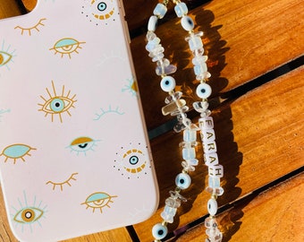 Opalite Gemstone Phone Charm, Healing Crystal Phone Chain, Evil Eye Beaded Phone Strap, Ipod Case Lanyard, Personalized Phone Strap