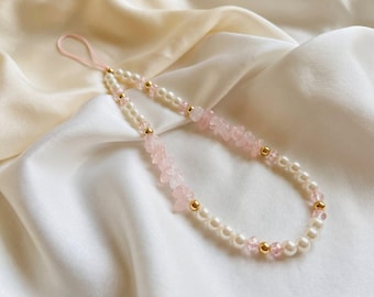 Personalized Name Phone Charm Pink, Rose Quartz Beaded Phone Charm, Aesthetic iPhone Charm Gift