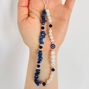 Lapis Lazuli Beaded Phone Charm: Gemstone Evil Eye Pearl Phone Lanyard