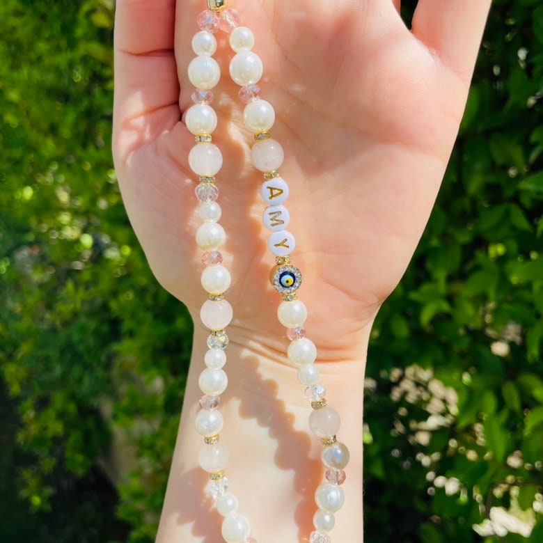 Rose Quartz Gemstone Phone Strap, Healing Crystal Beads Phone Charm, Evil Eye Personalized Phone Strap, Pearl Beaded Phone Chain, Wrist