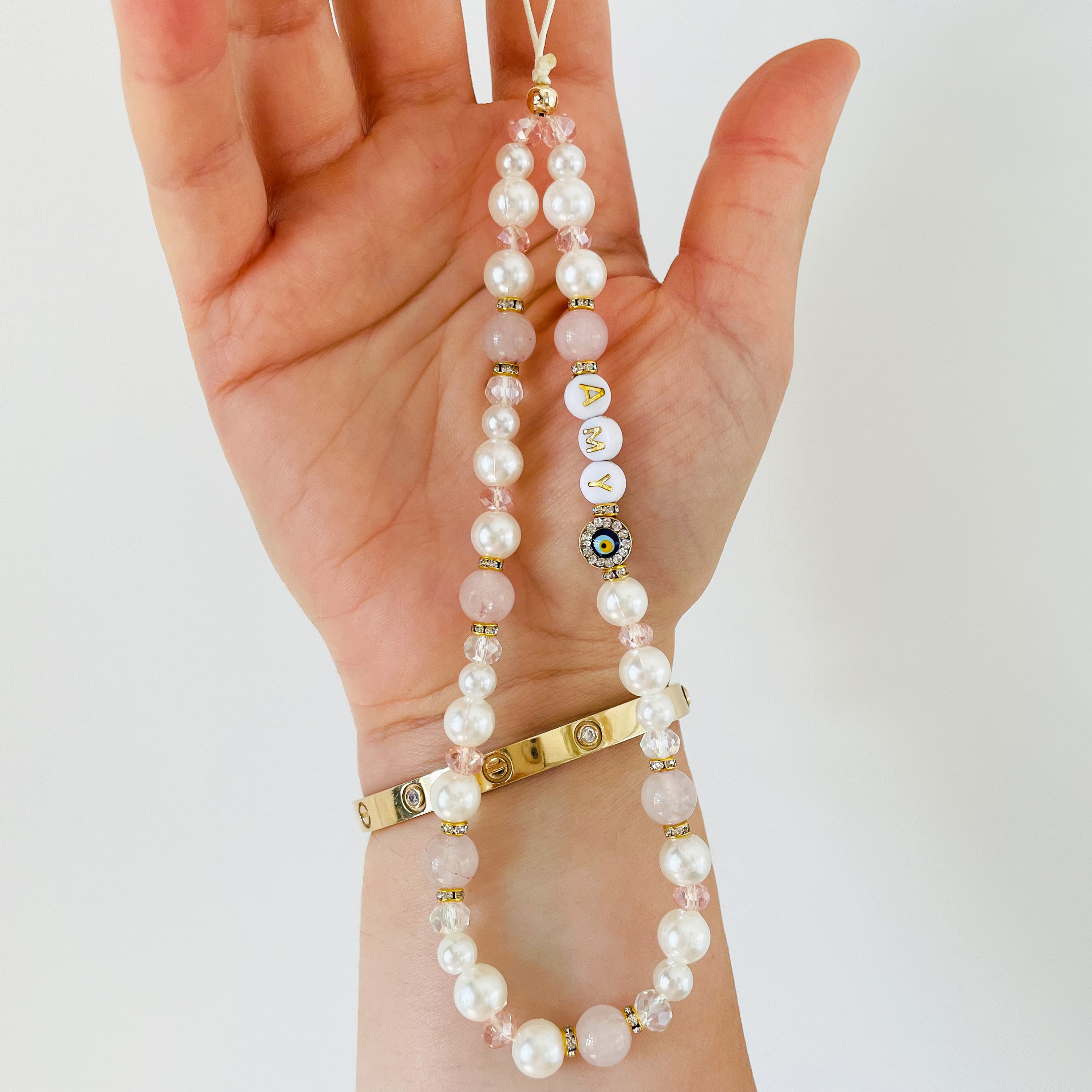Rose Quartz Gemstone Phone Strap, Healing Crystal Beads Phone Charm, Evil Eye Personalized Phone Strap, Pearl Beaded Phone Chain, Wrist