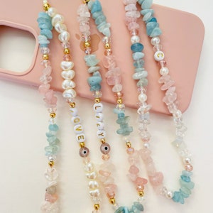 Self Love Happiness Healing Crystals, Rose Quartz Aquamarine Gemstone Phone Strap, Beaded Phone Charm, Personalized Phone Chain, Mom Gift image 8