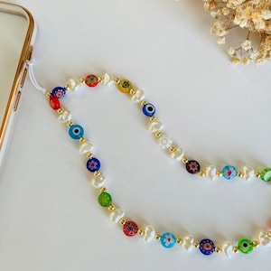 Beaded Phone Charm, Evil Eye Pearl Phone Strap, 90s Accessories, Phone Lanyard