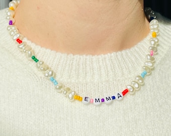Custom Personalised name choker necklace with mixed seed beads and pearls, Handmade assorted beads, Custom name word necklace