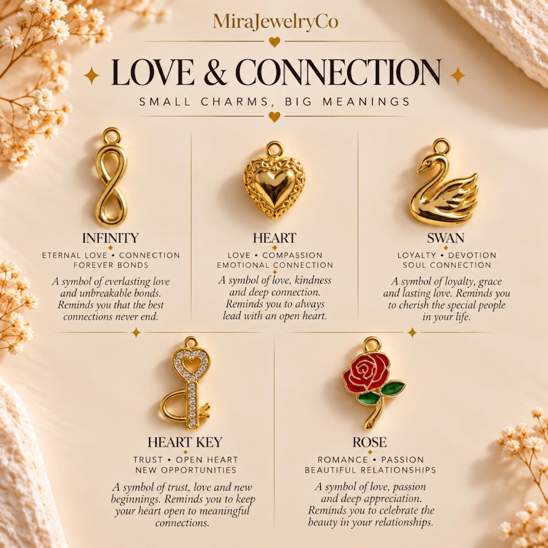 May include: A collection of five gold-toned metal charms labeled MiraJewelryCo Love & Connection. The charms include an infinity symbol, a heart, a swan, a heart-shaped key with small clear stones, and a rose with red and green enamel details.
