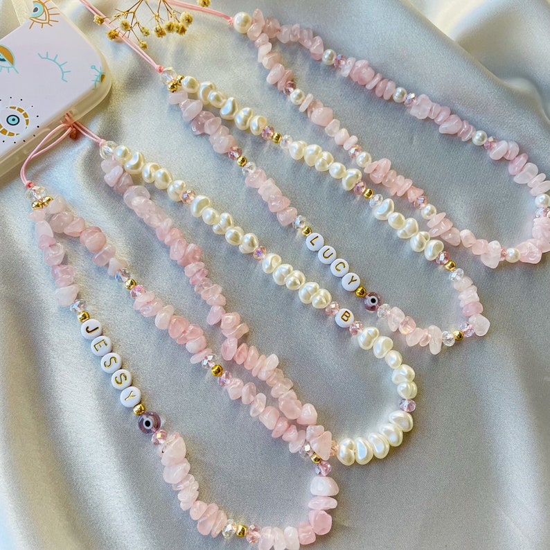 Rose Quartz Gemstone Phone Strap, Healing Crystals Phone Chain, Pearl Beaded Phone Charm, Beaded Phone Strap, Personalized Phone Accessories 