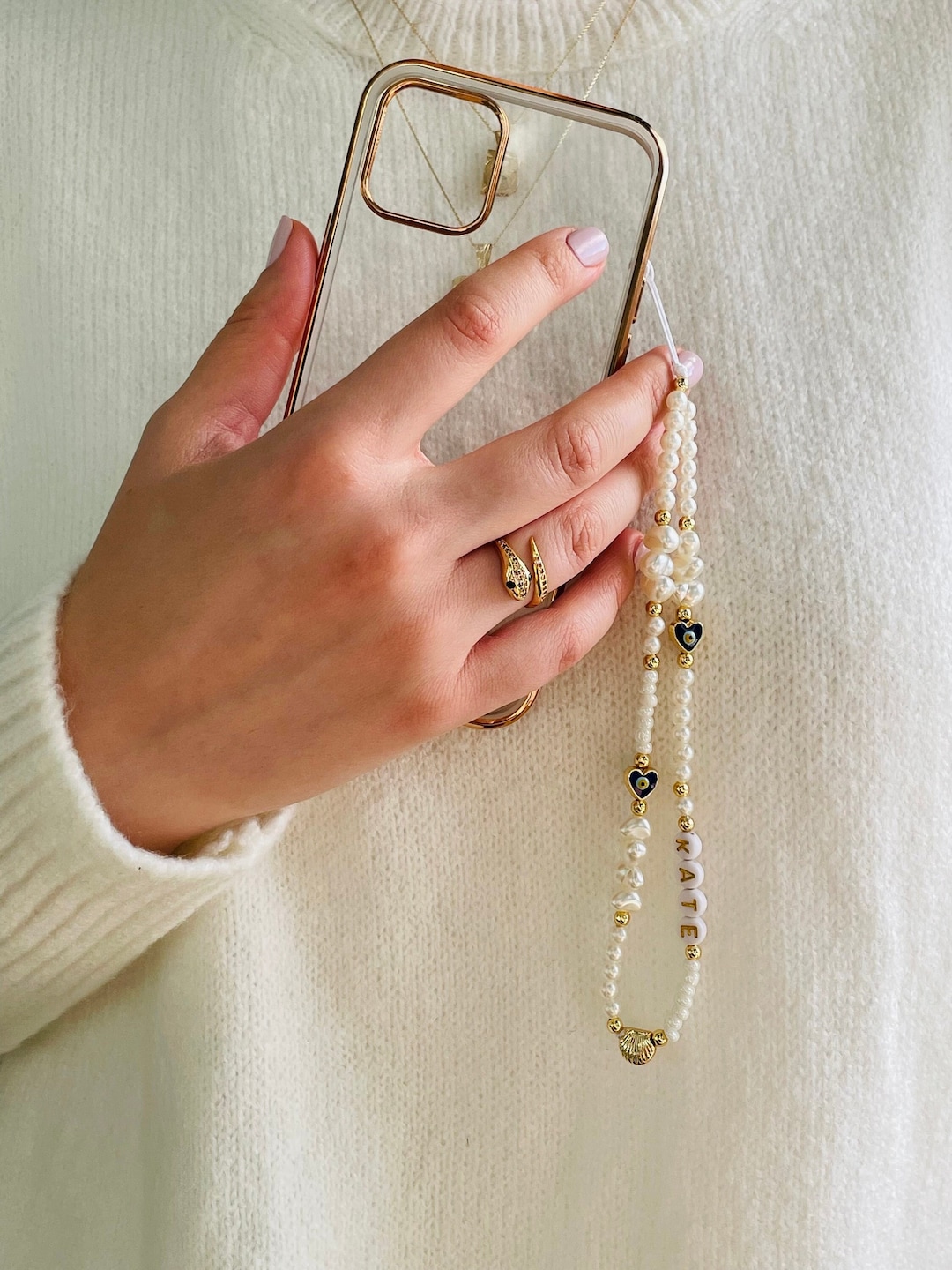 Customizable Pearl Beaded Phone Charm, Evil Eve Phone Strap, Phone Jewelry, Phone Accessories ...