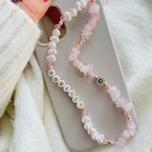 Rose Quartz Gemstone Phone Strap, Healing Crystal Beads Phone Charm, Evil Eye Pearl Personalized Phone Strap Chain, Christmas Gift for Her image 6