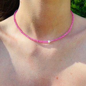 Pink Beaded Necklace, Summery Necklaces, Dainty Beaded Necklace, Seed Bead Necklace, Simple Thin Necklace, Beaded Choker, Sale