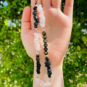 Black Obsidian & Rose Quartz Phone Charm: Beaded Y2K Lanyard