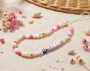 Personalized Pink Phone Charm, Custom Name Beaded Strap, Y2K Aesthetic Wristlet Gift