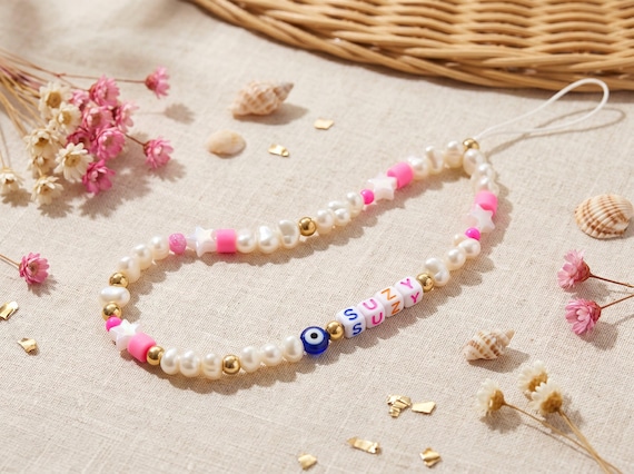 Personalized Pink Phone Charm, Custom Name Beaded Strap, Y2K Aesthetic Wristlet Gift