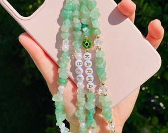 Customizable Green Aventurine Phone Strap, Healing Crystal Phone Chain, Pearl Beaded Phone Charm, Y2K Phone Strap, Personalized Phone Strap