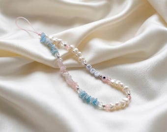 Personalized Rose Quartz & Aquamarine Phone Charm - Healing Crystal Phone Strap for Self Love - Custom Name Gemstone Wristlet