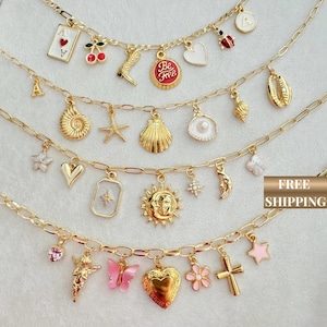 Custom Charm Necklace with Selectable Charms, Gold Multi Charm Necklace, Vintage Style Chunky Necklace, Personalized Jewelry Gift for Her