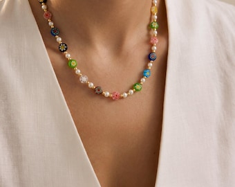 Handmade Millefiori Bead Necklace with Pearls: Rainbow Choker