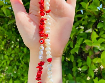 Red Coral Gemstone Phone Strap, Healing Crystals Phone Chain, Pearl Beaded Phone Charm, Beaded Phone Strap, Personalized Phone Accessories