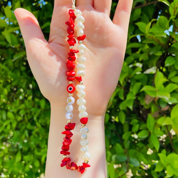 Red Coral Gemstone Phone Strap, Healing Crystals Phone Chain, Pearl Beaded Phone Charm, Beaded Phone Strap, Personalized Phone Accessories