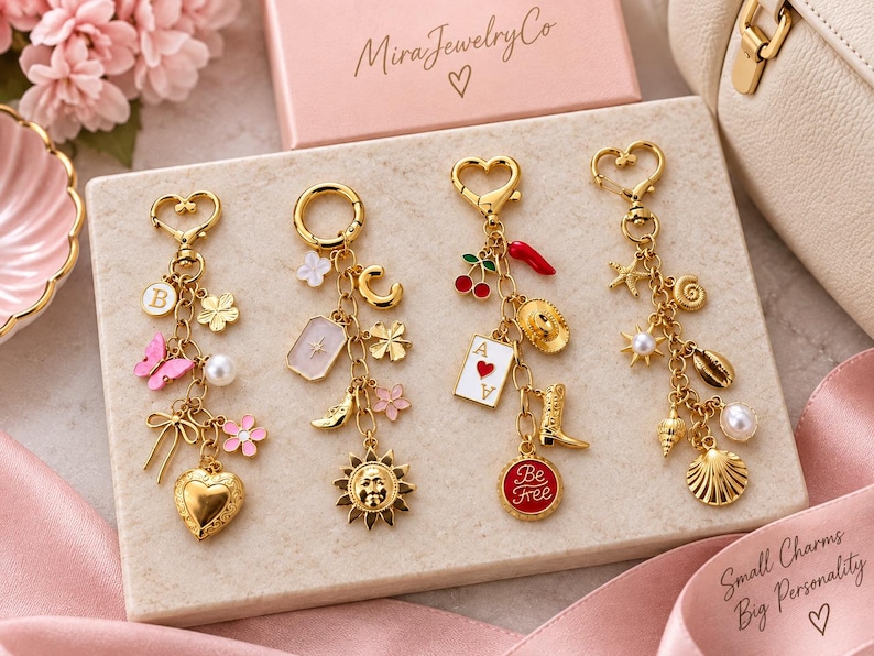 May include: Four gold-toned metal keychains featuring various charms including a heart, butterfly, letter B, sun, moon, playing card with a heart, cowboy boot, chili pepper, cherry, and seashells, with one charm reading Be Free.