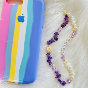 Amethyst Gemstone Phone Strap, Purple Crystal Beads Phone Charm, Pearl Personalized Phone Chain, Personalized Phone Accessories, Custom Gift