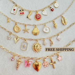 Custom Charm Necklace with Selectable Charms, Gold Multi Charm Necklace, Vintage Style Chunky Necklace, Personalized Jewelry Gift for Her