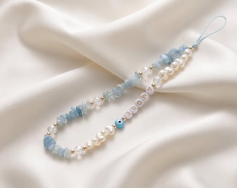 Blue Beaded Phone Charm, Aquamarine Crystal Phone Strap, Light Blue Aesthetic iPhone Charm, Summer Beach Accessory, Cute Gift for Her