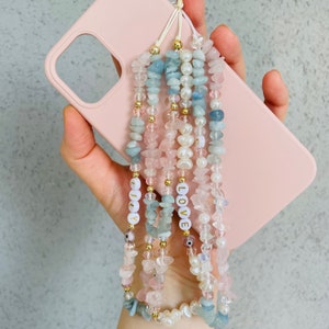 Self Love Happiness Healing Crystals, Rose Quartz Aquamarine Gemstone Phone Strap, Beaded Phone Charm, Personalized Phone Chain, Mom Gift image 4