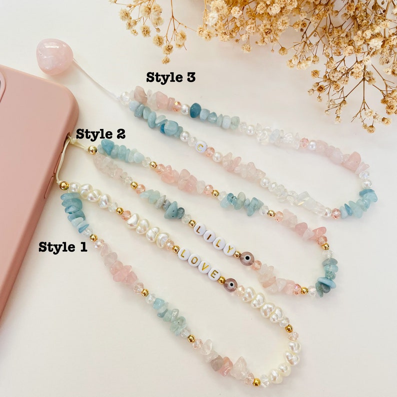 Self Love Happiness Healing Crystals, Rose Quartz Aquamarine Gemstone Phone Strap, Beaded Phone Charm, Personalized Phone Chain, Mom Gift image 6