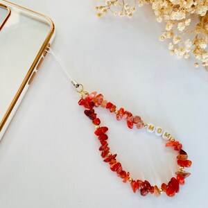 Carnelian Gemstone Healing Crystal Beads Phone Charm Strap, Colored Mother of Pearl, Red Coral Beaded Phone Chain, Phone Lanyard, Phone Loop Carnelian