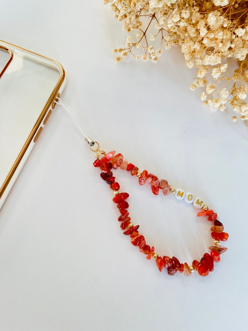 Carnelian Gemstone Healing Crystal Beads Phone Charm Strap, Colored Mother of Pearl, Red Coral Beaded Phone Chain, Phone Lanyard, Phone Loop Carnelian