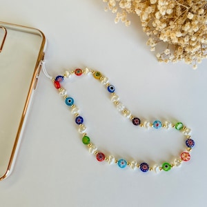 Charm pour téléphone Millefiori perles multicolores, chaîne de téléphone mauvais œil, dragonne personnalisée de l'an 2000/des années 90, cordon de téléphone perle personnalisable