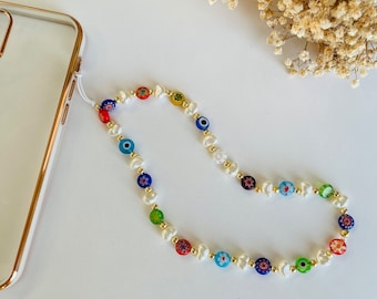 Millefiori Multi-Color Bead Phone Charm, Evil Eye Phone Chain, Personalized Y2K / 90s Phone Strap, Customizable Pearl Phone Lanyard