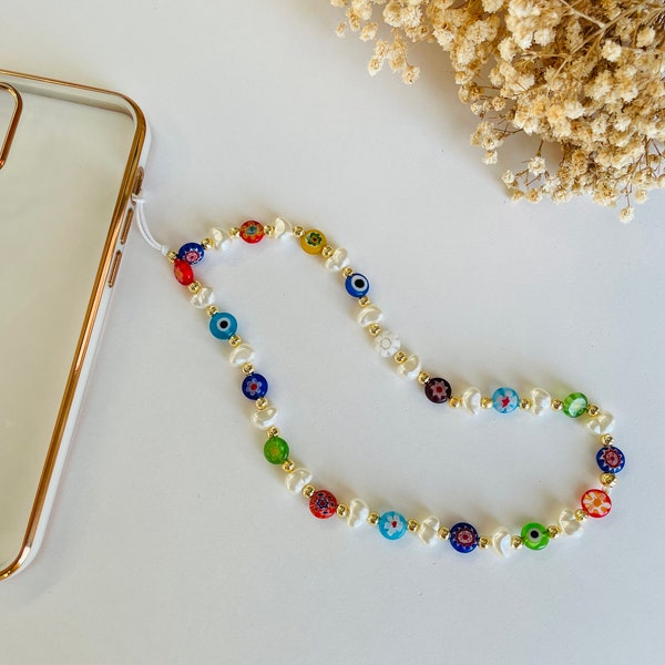 Millefiori Multi-Color Bead Phone Charm, Evil Eye Phone Chain, Personalized Y2K / 90s Phone Strap, Customizable Pearl Phone Lanyard