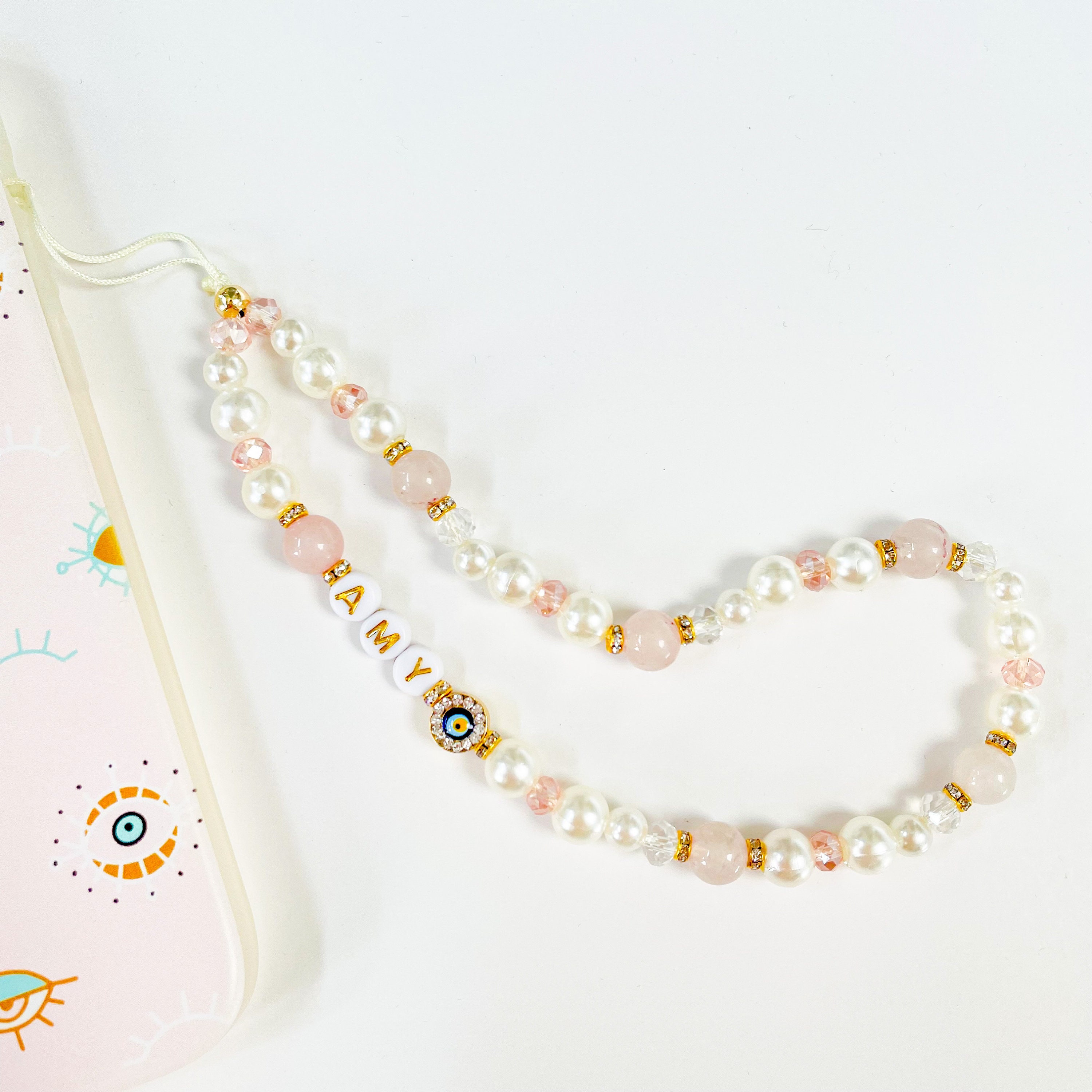 Rose Quartz Gemstone Phone Strap, Healing Crystal Beads Phone Charm, Evil Eye Personalized Phone Strap, Pearl Beaded Phone Chain, Wrist