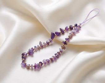 Amethyst Chip Beaded Phone Charm, Gemstone Style Phone Strap, Aesthetic iPhone Charm, Cute Trendy Accessory, Gift for Her