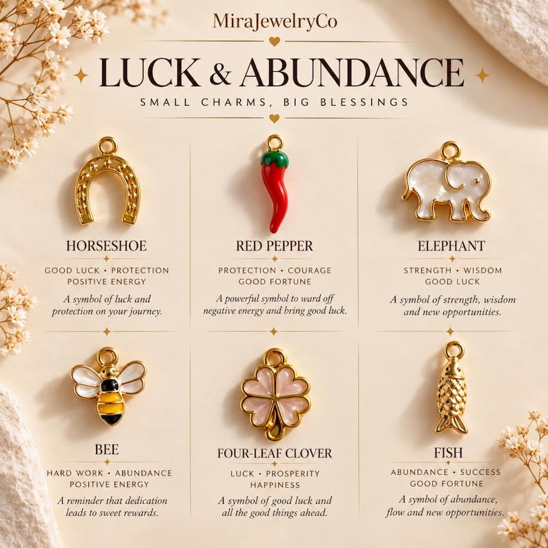 May include: A collection of six gold-toned metal charms labeled MiraJewelryCo LUCK & ABUNDANCE. The charms include a horseshoe, red pepper, white elephant, bee, pink four-leaf clover, and a fish, each with descriptive text below.