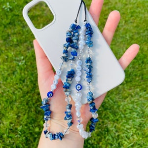 Lapis Lazuli Gemstone Phone Strap, Healing Crystals Phone Chain, Pearl Beaded Phone Charm, Personalized Phone Strap Jewelry, Christmas Gifts