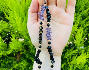 Amethyst Black Obsidian Gemstone Beaded Phone Strap, Healing Crystals Phone Charm Chain, Custom Handmade Personalized Phone Jewelry, Lanyard