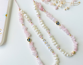 Rose Quartz Gemstone Phone Strap Charm, Healing Crystal Beads Phone Chain, Personalized Phone Strap, Evil Eye Pearl Beaded Phone Lanyard