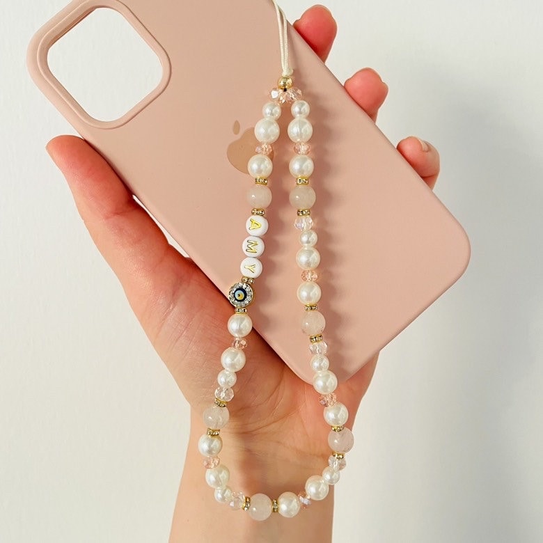 Rose Quartz Gemstone Phone Strap, Healing Crystal Beads Phone Charm, Evil Eye Personalized Phone Strap, Pearl Beaded Phone Chain, Wrist