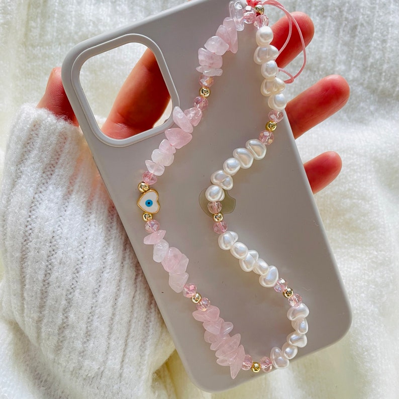 Rose Quartz Gemstone Phone Strap, Healing Crystal Beads Phone Charm, Evil Eye Pearl Personalized Phone Strap Chain, Christmas Gift for Her image 8