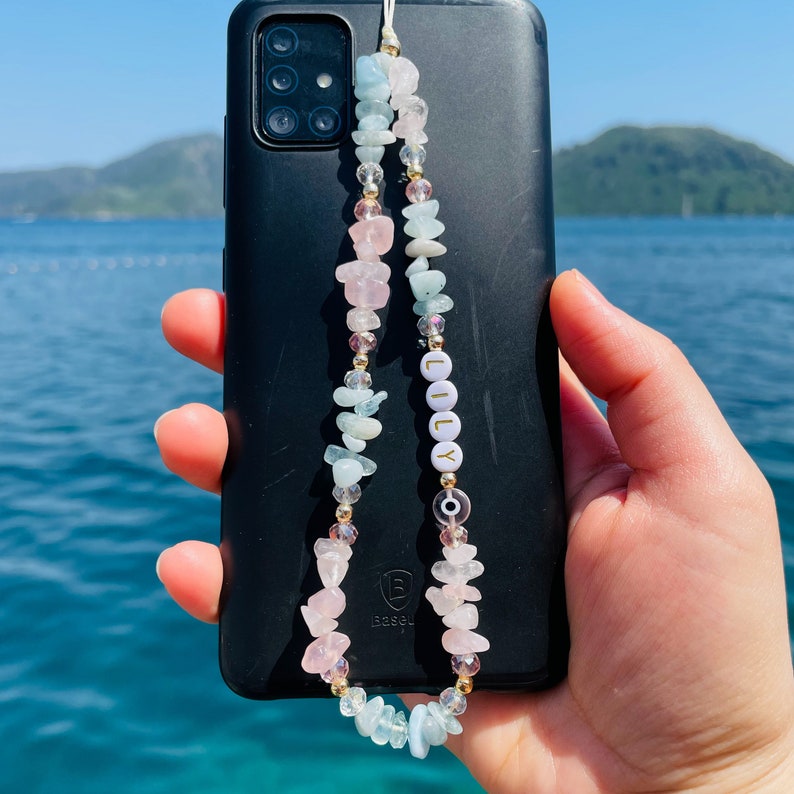 Self Love Happiness Healing Crystals, Rose Quartz Aquamarine Gemstone Phone Strap, Beaded Phone Charm, Personalized Phone Chain, Mom Gift image 10